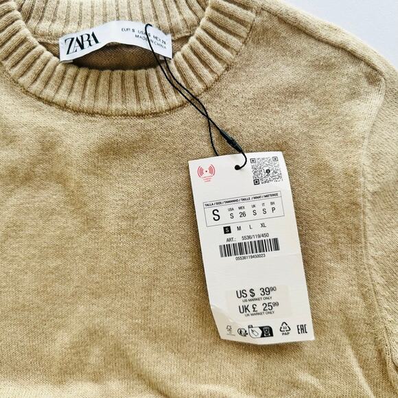 Zara Cotton Wool Short Sleeve Crop Sweater Size Small NEW Oat Cream Tan - Picture 3 of 4